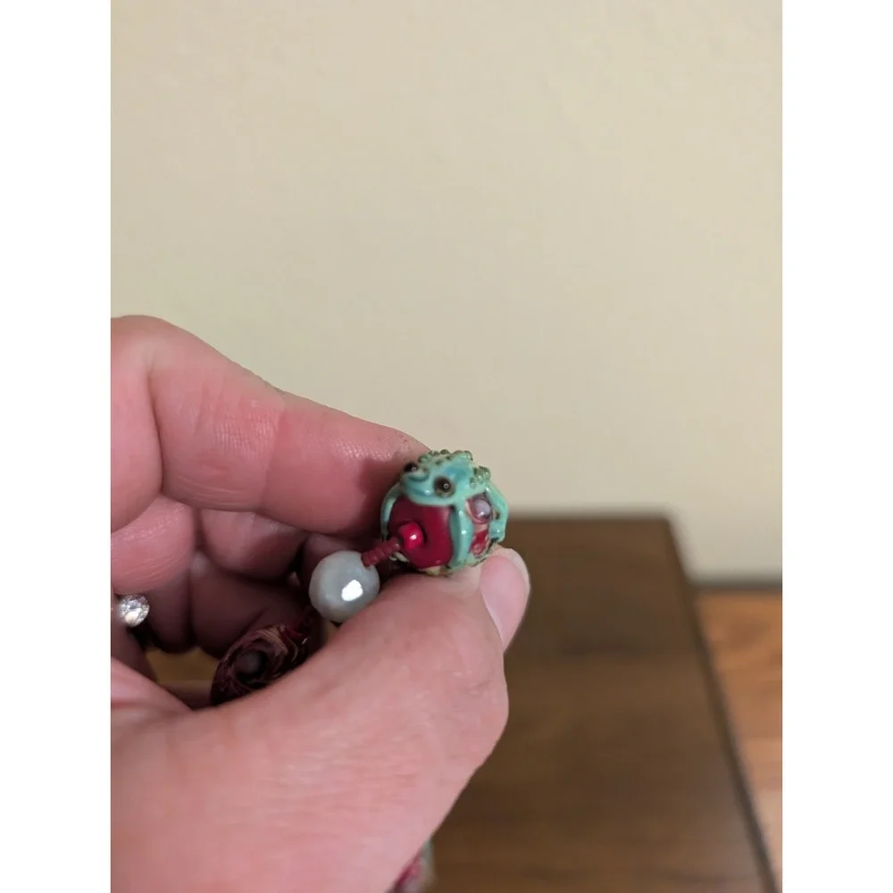 Vtg Lampwork Frog Beaded Necklace Fengshui Jin Chan Toad Amulet Pendant Jasper